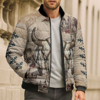 Buffalo Skull Bomber Puffer Jacket Feathers Tribal Map and Historical Indigenous Native American Heritage Bison - Wonder Print Shop