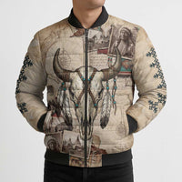 Buffalo Skull Bomber Puffer Jacket Feathers Tribal Map and Historical Indigenous Native American Heritage Bison - Wonder Print Shop