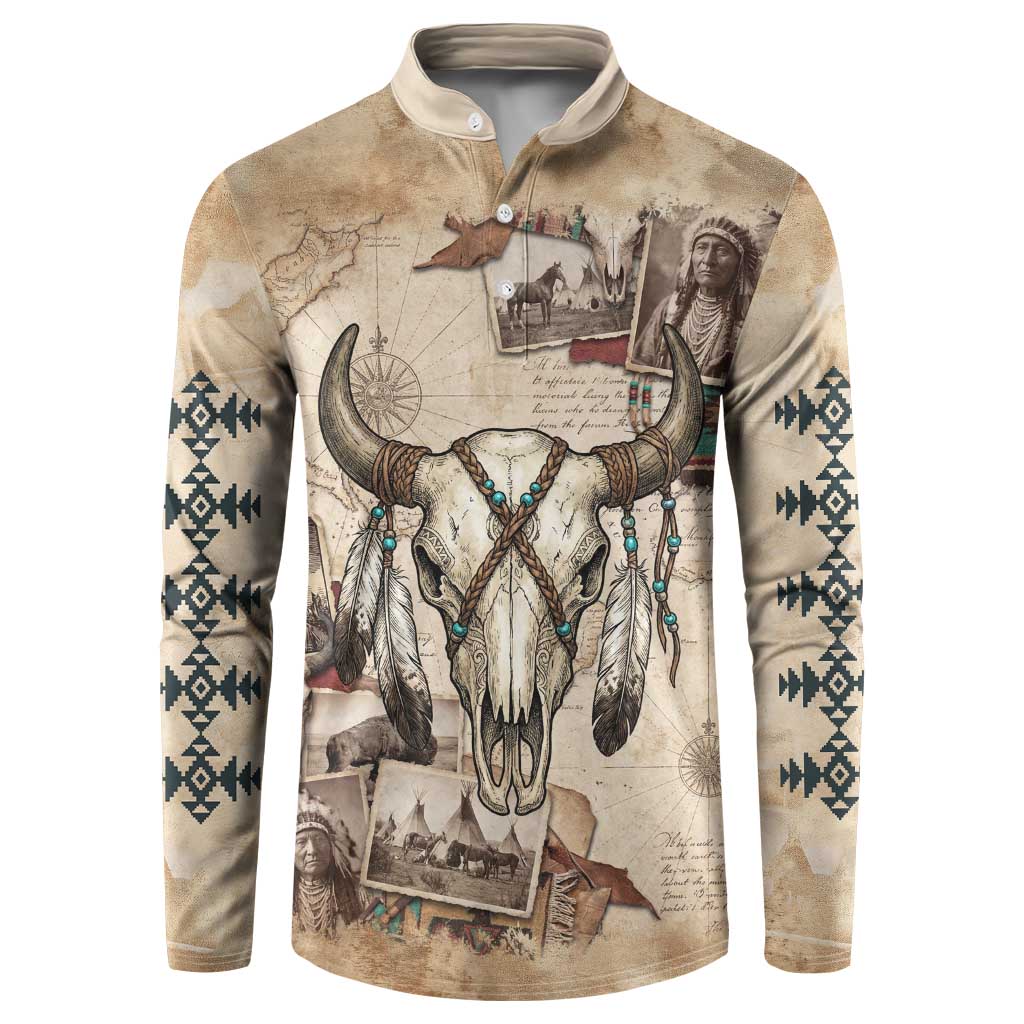 Buffalo Skull Button Sweatshirt Feathers Tribal Map and Historical Indigenous Native American Heritage Bison - Wonder Print Shop