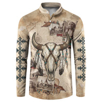 Buffalo Skull Button Sweatshirt Feathers Tribal Map and Historical Indigenous Native American Heritage Bison - Wonder Print Shop