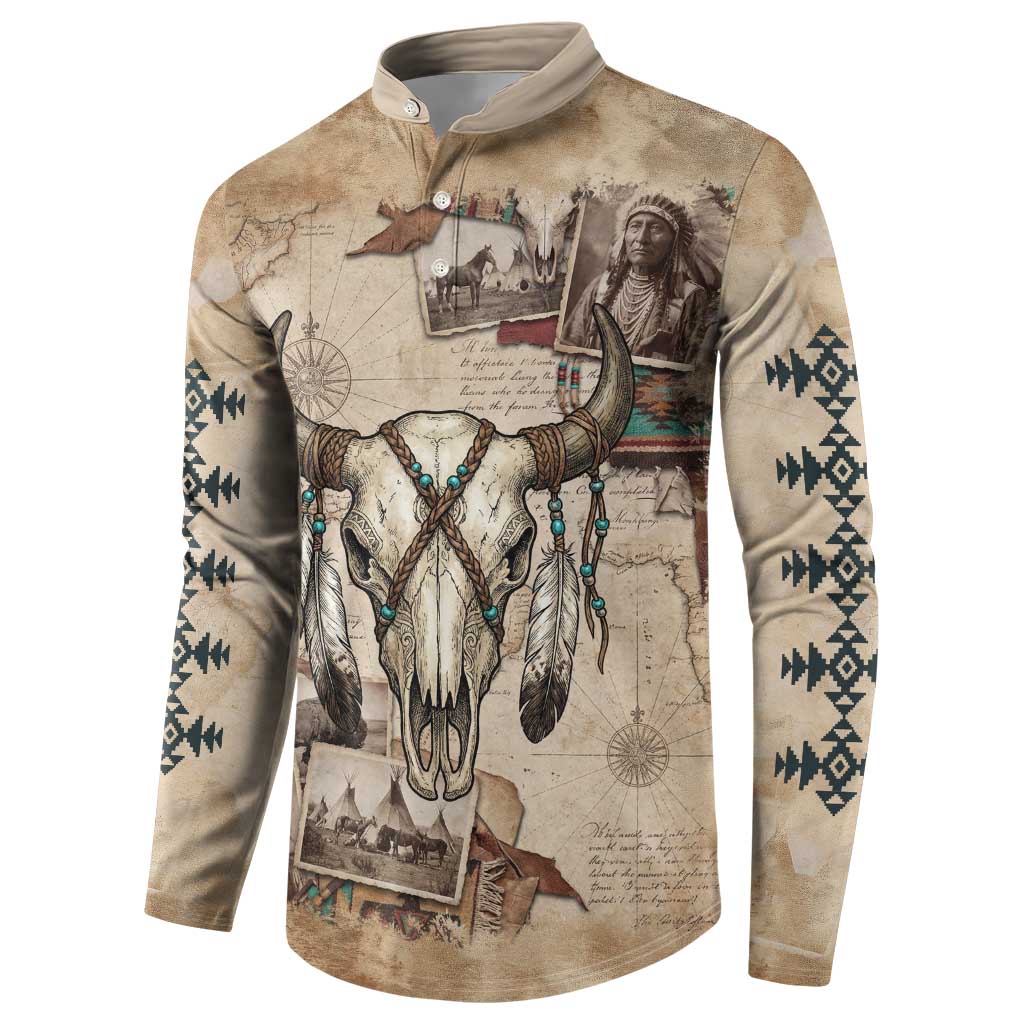 Buffalo Skull Button Sweatshirt Feathers Tribal Map and Historical Indigenous Native American Heritage Bison - Wonder Print Shop