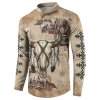 Buffalo Skull Button Sweatshirt Feathers Tribal Map and Historical Indigenous Native American Heritage Bison - Wonder Print Shop