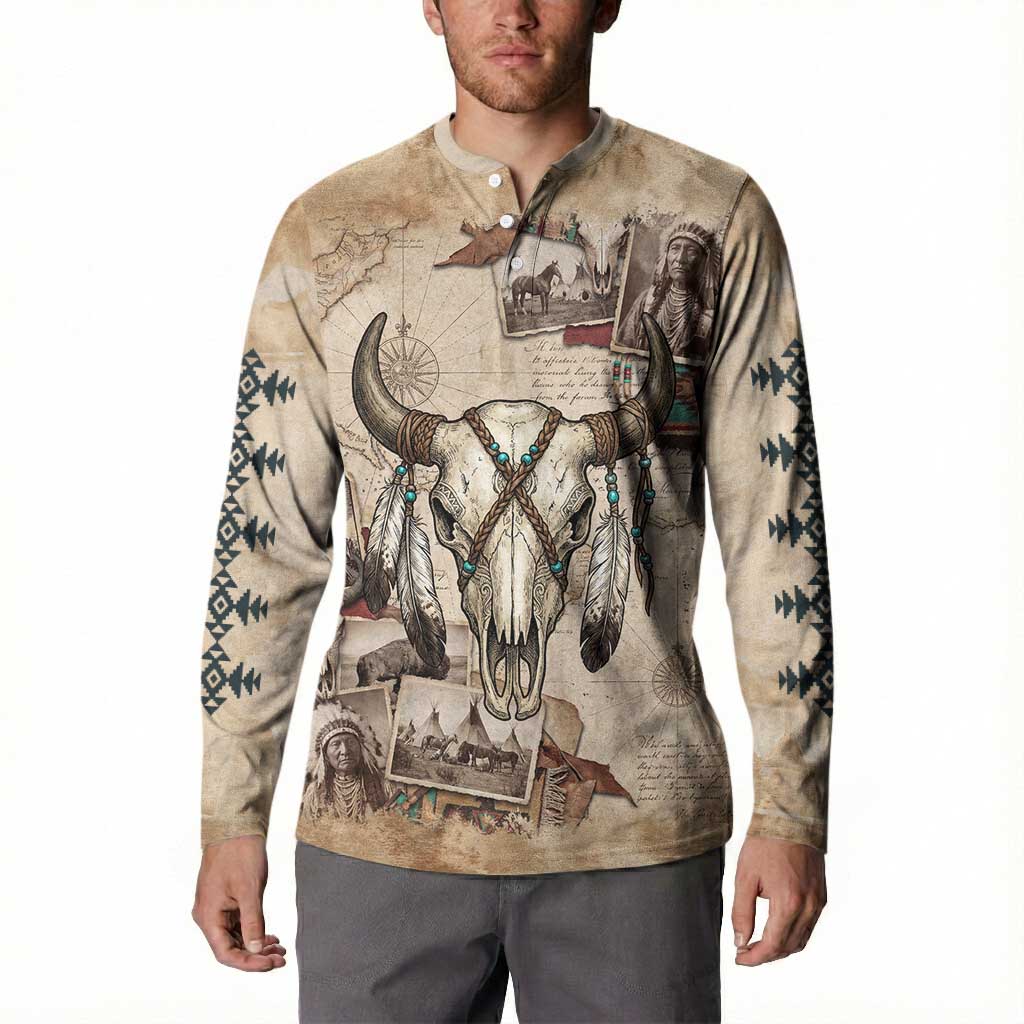 Buffalo Skull Button Sweatshirt Feathers Tribal Map and Historical Indigenous Native American Heritage Bison - Wonder Print Shop