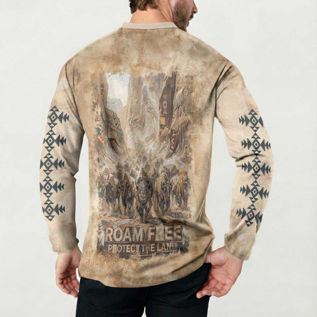 Buffalo Skull Button Sweatshirt Feathers Tribal Map and Historical Indigenous Native American Heritage Bison - Wonder Print Shop