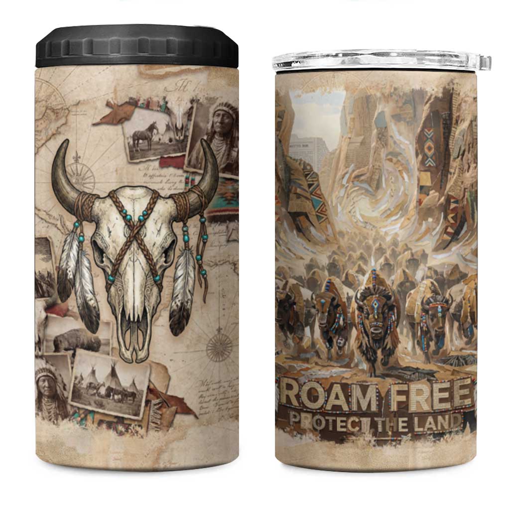 Buffalo Skull 4 in 1 Can Cooler Tumbler Feathers Tribal Map and Historical Indigenous Native American Heritage Bison - Wonder Print Shop