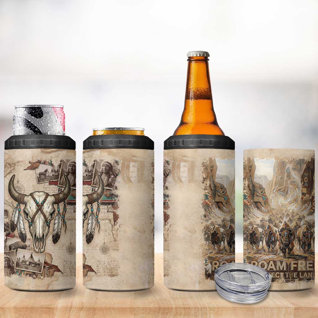 Buffalo Skull 4 in 1 Can Cooler Tumbler Feathers Tribal Map and Historical Indigenous Native American Heritage Bison - Wonder Print Shop