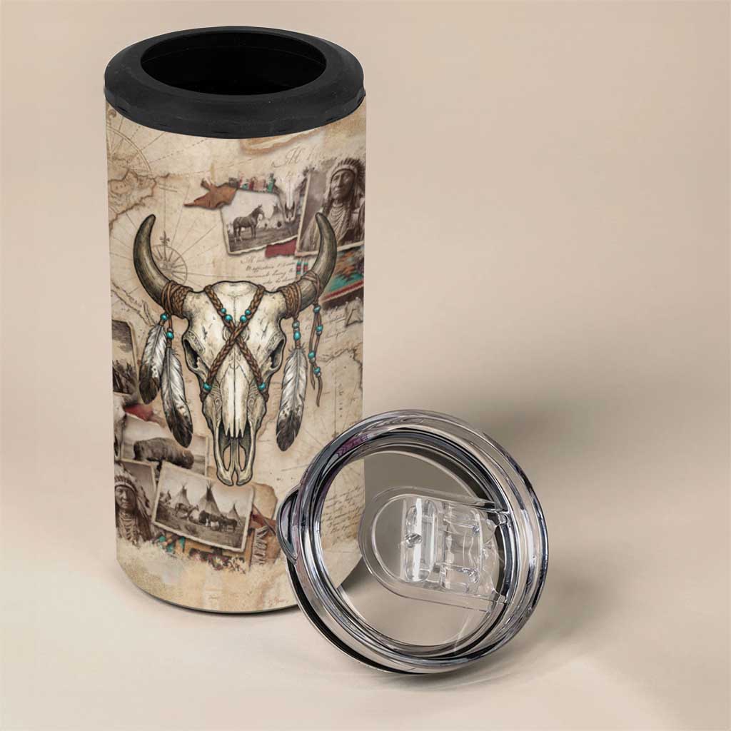 Buffalo Skull 4 in 1 Can Cooler Tumbler Feathers Tribal Map and Historical Indigenous Native American Heritage Bison - Wonder Print Shop