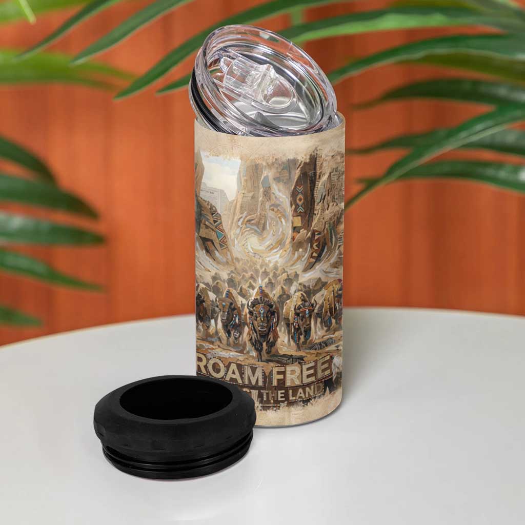 Buffalo Skull 4 in 1 Can Cooler Tumbler Feathers Tribal Map and Historical Indigenous Native American Heritage Bison - Wonder Print Shop