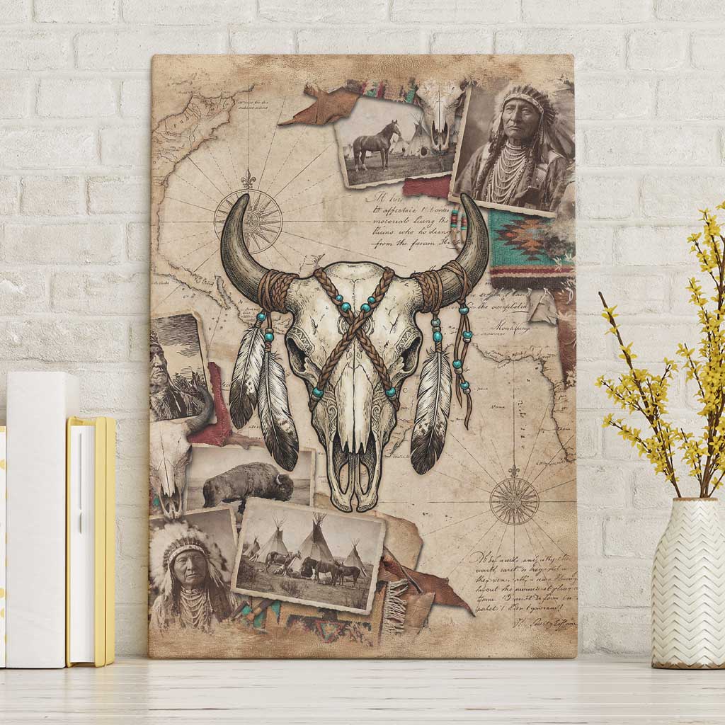 Buffalo Skull Canvas Wall Art Feathers Tribal Map and Historical Indigenous Native American Heritage Bison - Wonder Print Shop