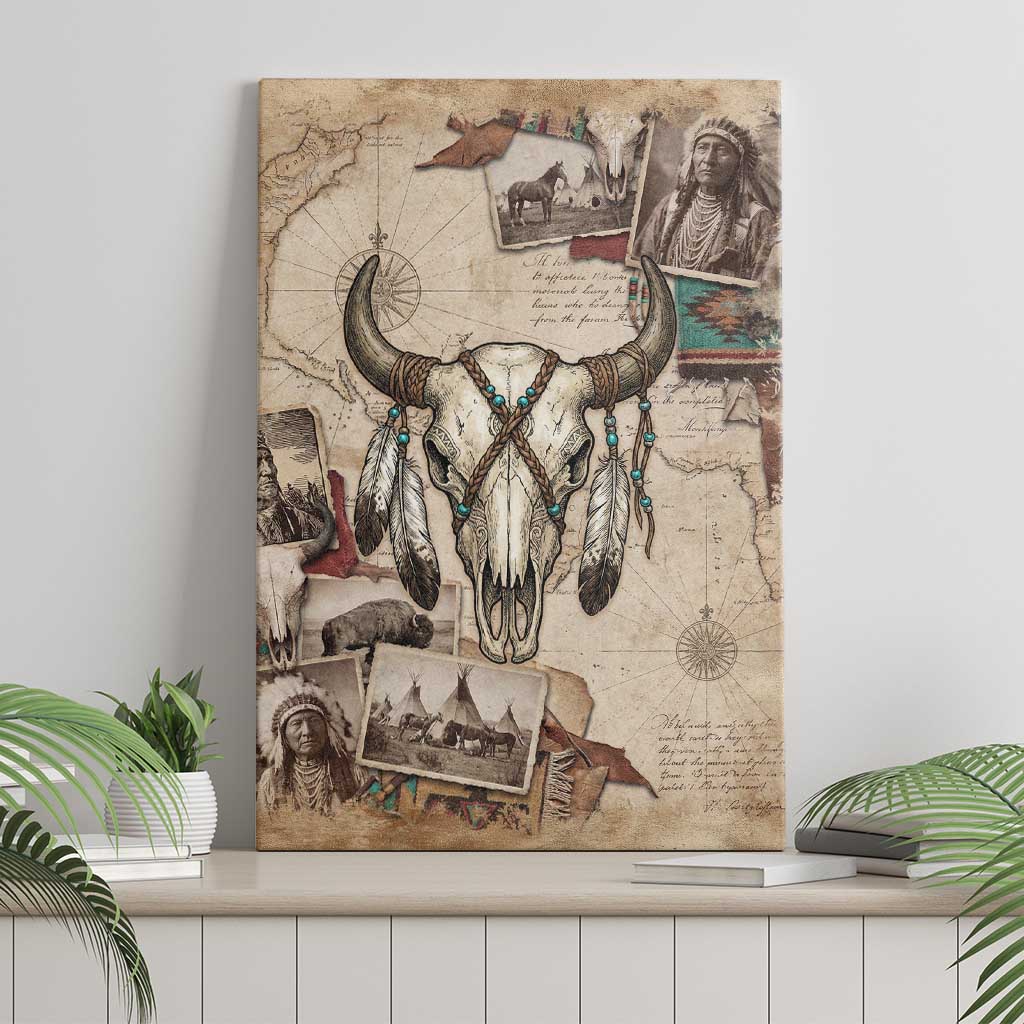 Buffalo Skull Canvas Wall Art Feathers Tribal Map and Historical Indigenous Native American Heritage Bison - Wonder Print Shop