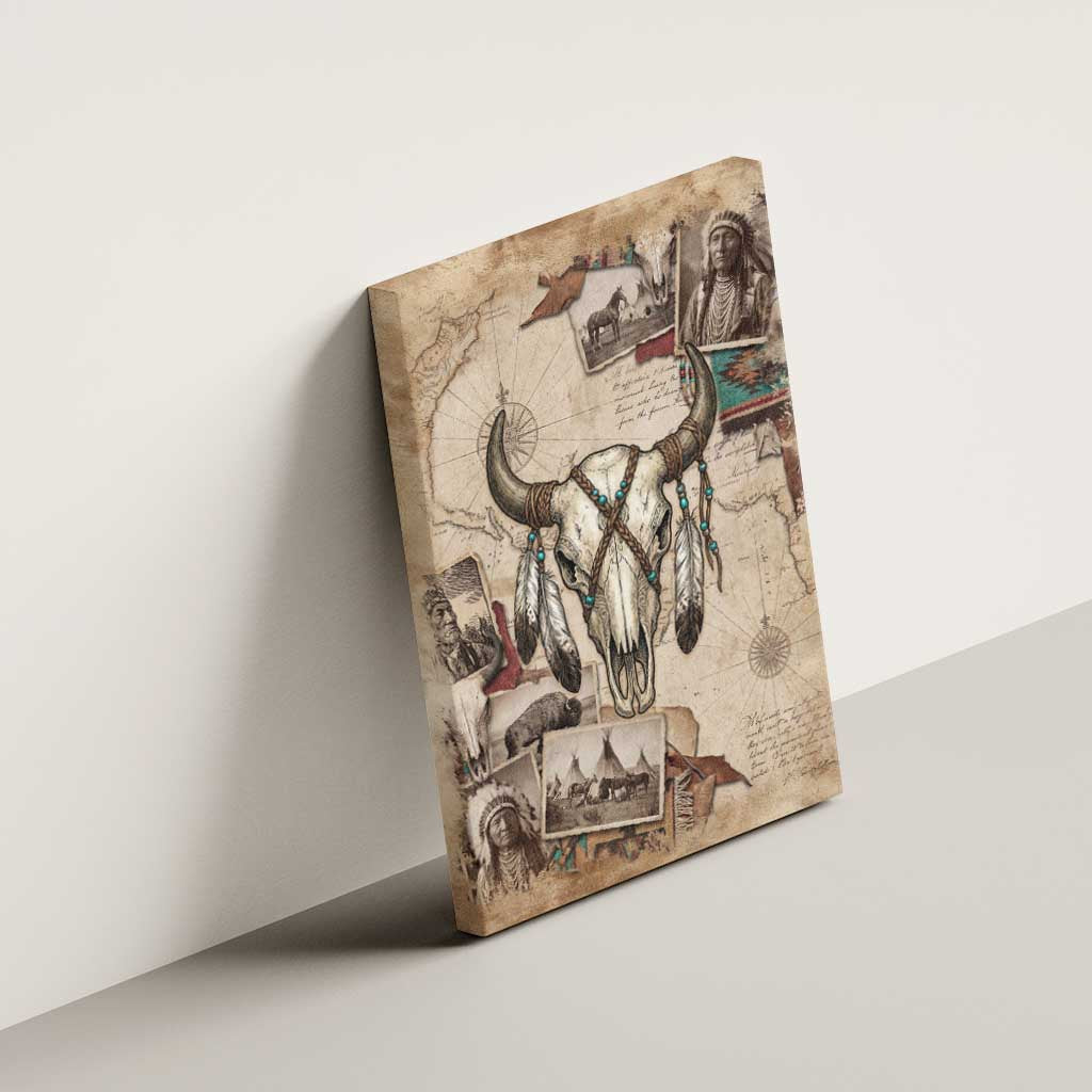 Buffalo Skull Canvas Wall Art Feathers Tribal Map and Historical Indigenous Native American Heritage Bison - Wonder Print Shop
