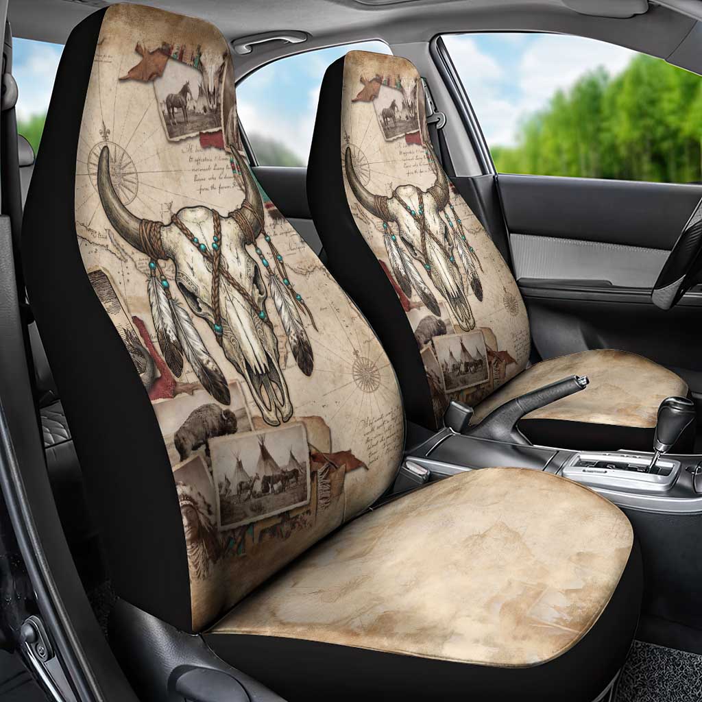 Buffalo Skull Car Seat Cover Feathers Tribal Map and Historical Indigenous Native American Heritage Bison - Wonder Print Shop