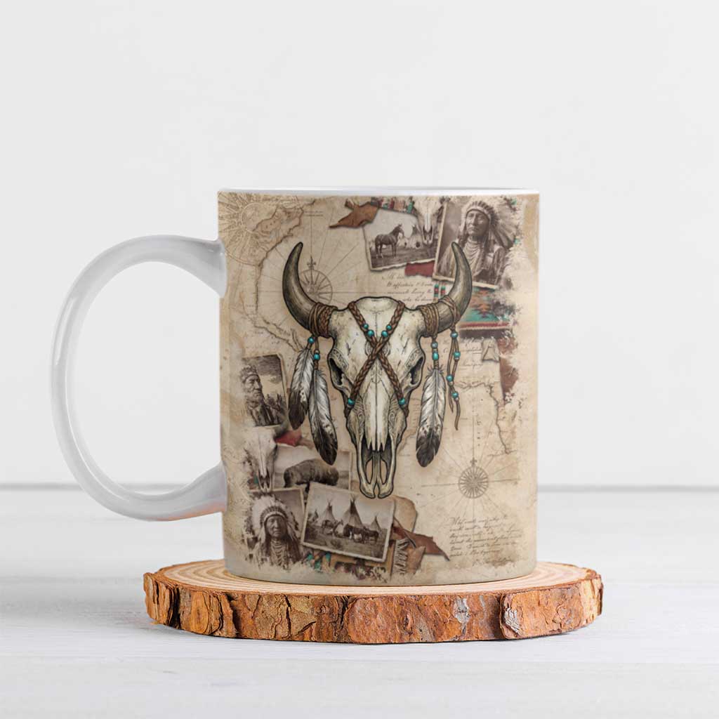 Buffalo Skull Ceramic Mug Feathers Tribal Map and Historical Indigenous Native American Heritage Bison - Wonder Print Shop