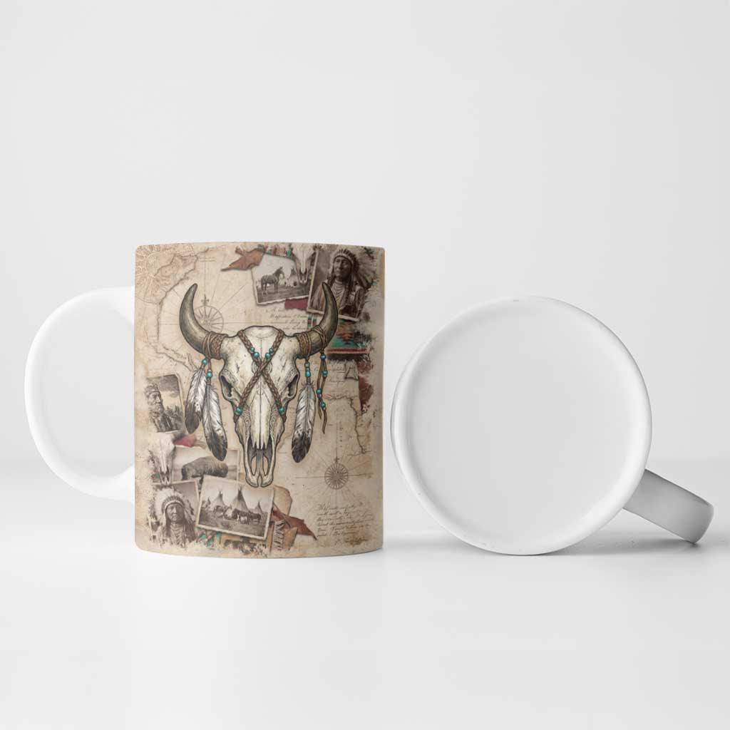 Buffalo Skull Ceramic Mug Feathers Tribal Map and Historical Indigenous Native American Heritage Bison - Wonder Print Shop