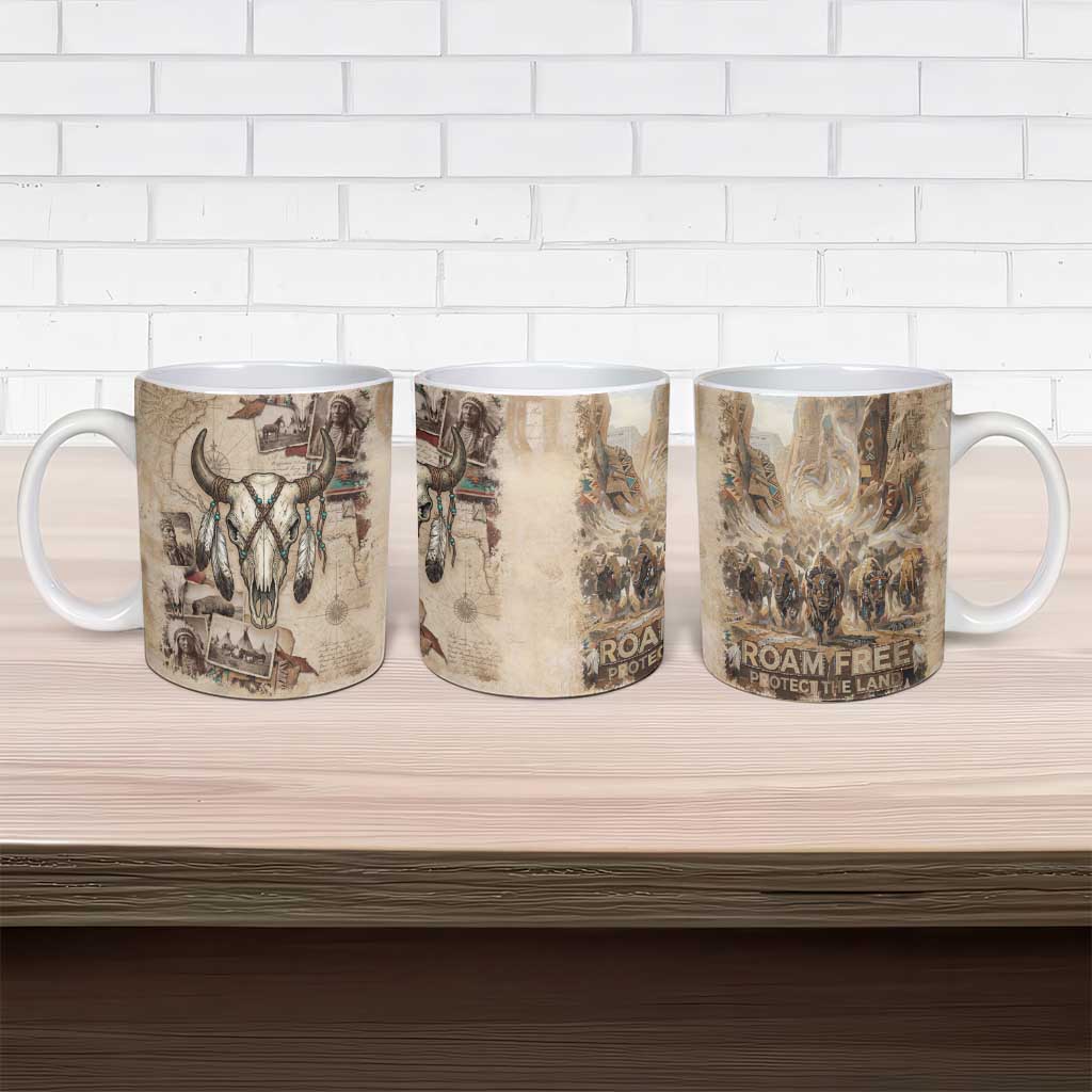 Buffalo Skull Ceramic Mug Feathers Tribal Map and Historical Indigenous Native American Heritage Bison - Wonder Print Shop