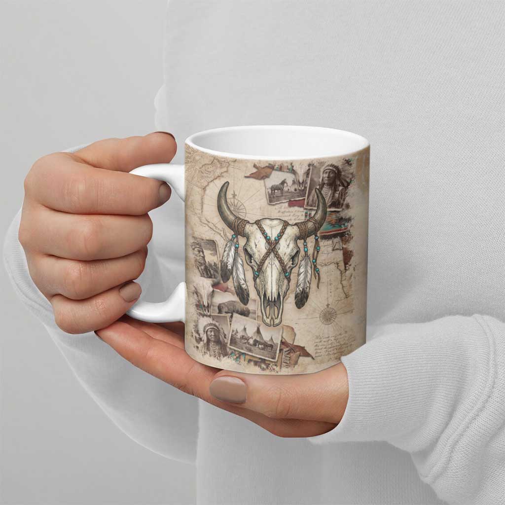 Buffalo Skull Ceramic Mug Feathers Tribal Map and Historical Indigenous Native American Heritage Bison - Wonder Print Shop