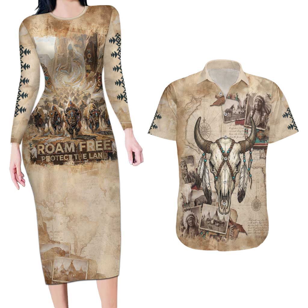Buffalo Skull Couples Matching Long Sleeve Bodycon Dress and Hawaiian Shirt Feathers Tribal Map and Historical Indigenous Native American Heritage Bison - Wonder Print Shop