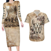 Buffalo Skull Couples Matching Long Sleeve Bodycon Dress and Hawaiian Shirt Feathers Tribal Map and Historical Indigenous Native American Heritage Bison - Wonder Print Shop