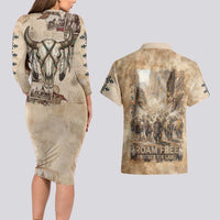 Buffalo Skull Couples Matching Long Sleeve Bodycon Dress and Hawaiian Shirt Feathers Tribal Map and Historical Indigenous Native American Heritage Bison - Wonder Print Shop