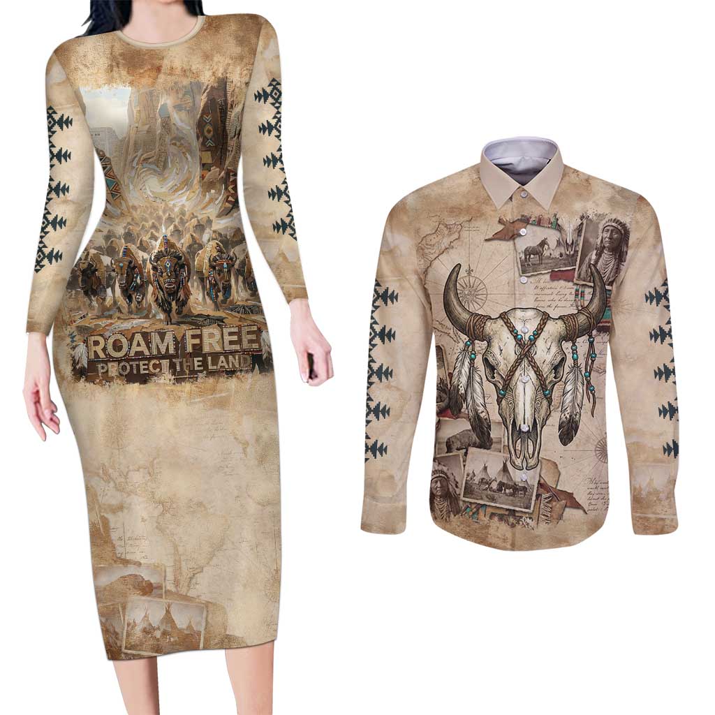 Buffalo Skull Couples Matching Long Sleeve Bodycon Dress and Long Sleeve Button Shirt Feathers Tribal Map and Historical Indigenous Native American Heritage Bison - Wonder Print Shop