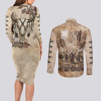 Buffalo Skull Couples Matching Long Sleeve Bodycon Dress and Long Sleeve Button Shirt Feathers Tribal Map and Historical Indigenous Native American Heritage Bison - Wonder Print Shop
