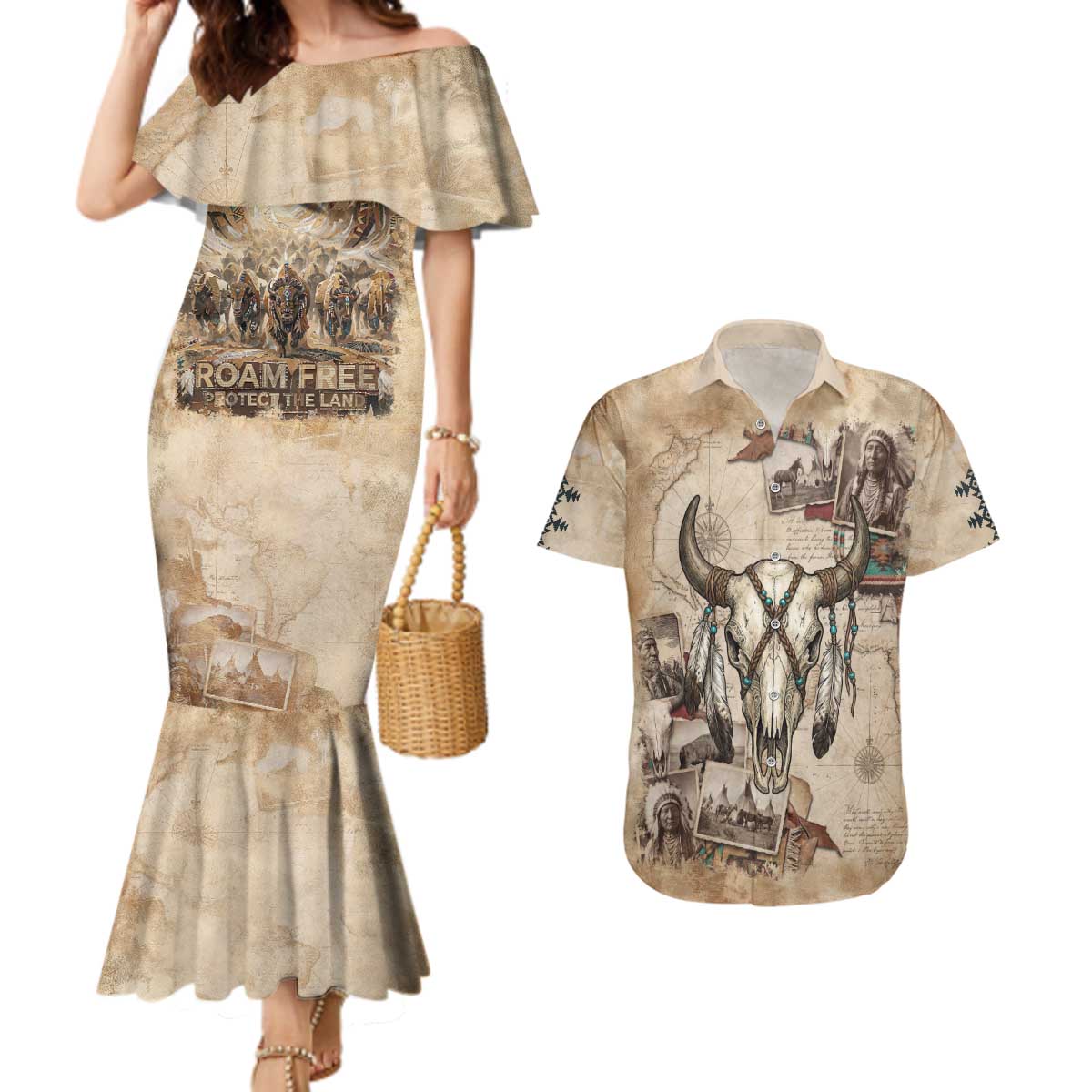 Buffalo Skull Couples Matching Mermaid Dress and Hawaiian Shirt Feathers Tribal Map and Historical Indigenous Native American Heritage Bison - Wonder Print Shop