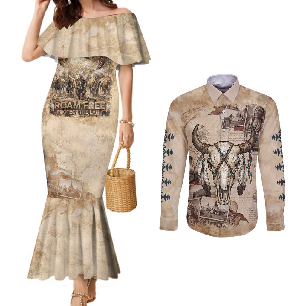 Buffalo Skull Couples Matching Mermaid Dress and Long Sleeve Button Shirt Feathers Tribal Map and Historical Indigenous Native American Heritage Bison - Wonder Print Shop