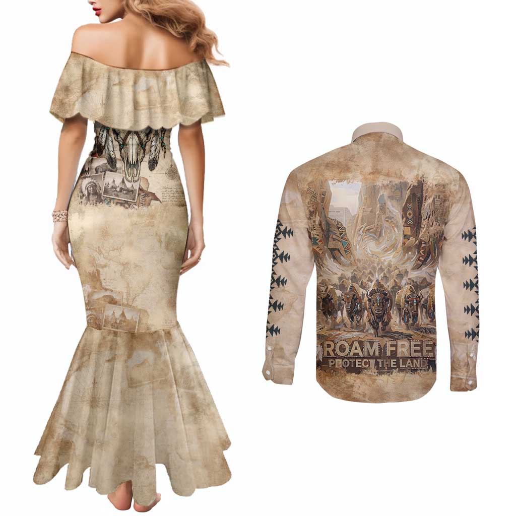 Buffalo Skull Couples Matching Mermaid Dress and Long Sleeve Button Shirt Feathers Tribal Map and Historical Indigenous Native American Heritage Bison - Wonder Print Shop
