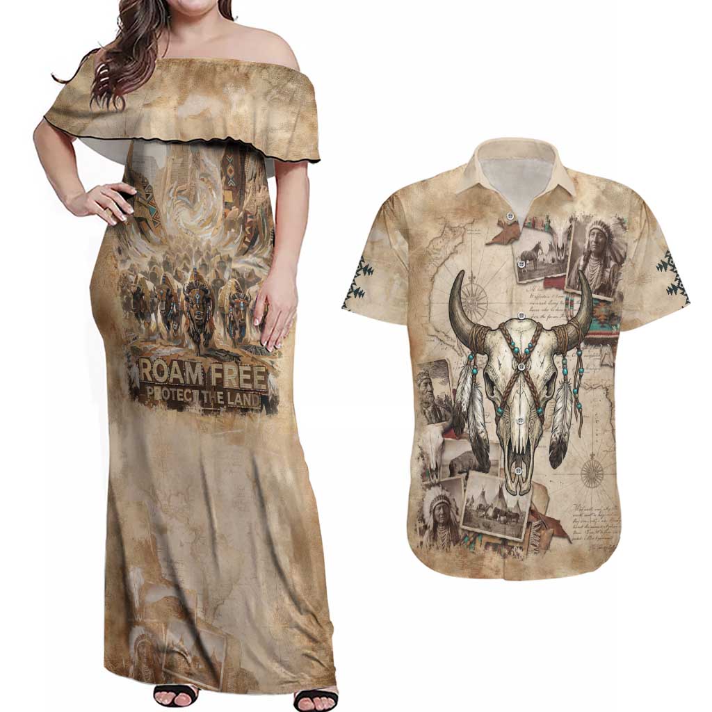 Buffalo Skull Couples Matching Off Shoulder Maxi Dress and Hawaiian Shirt Feathers Tribal Map and Historical Indigenous Native American Heritage Bison - Wonder Print Shop