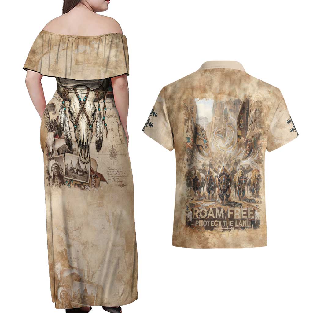 Buffalo Skull Couples Matching Off Shoulder Maxi Dress and Hawaiian Shirt Feathers Tribal Map and Historical Indigenous Native American Heritage Bison - Wonder Print Shop