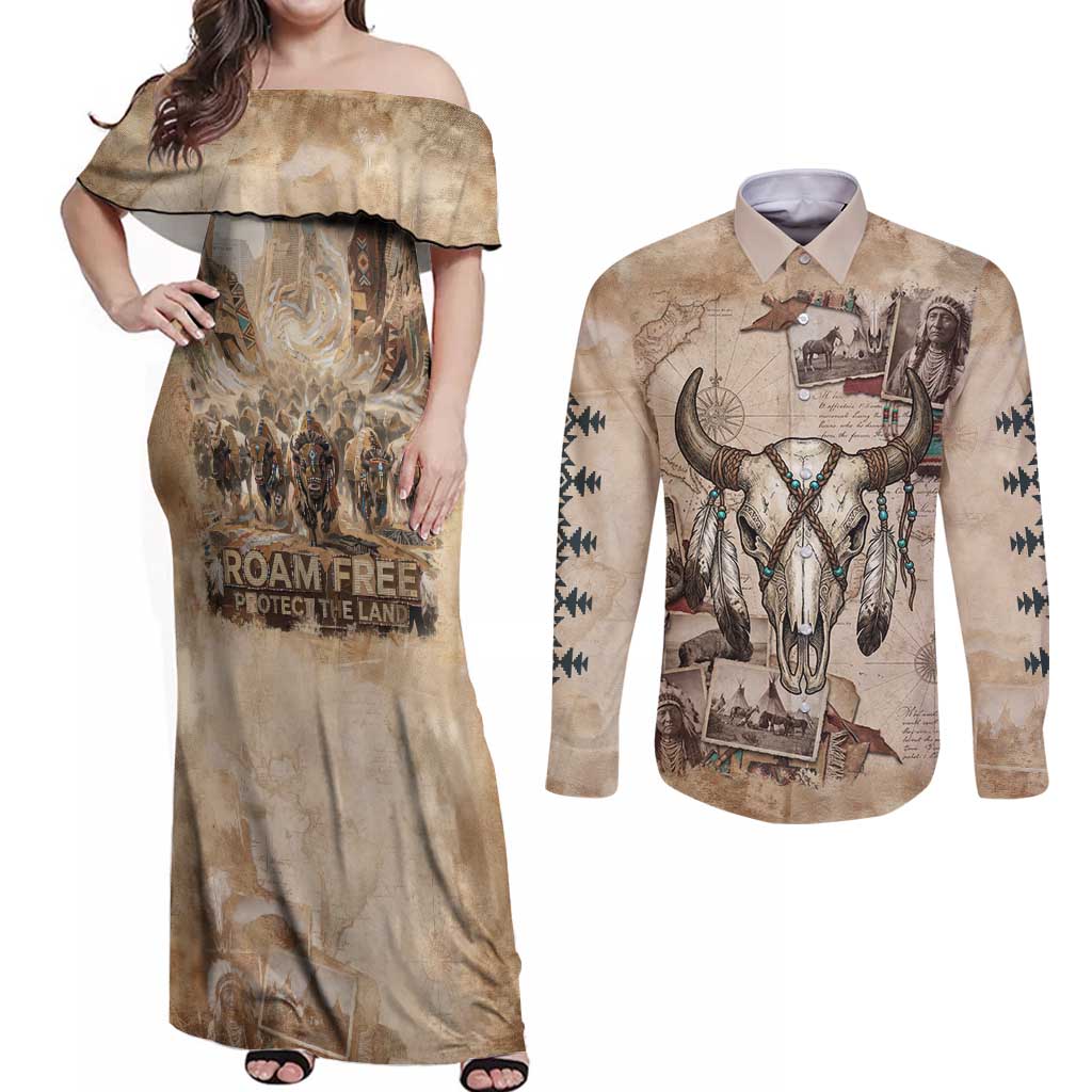 Buffalo Skull Couples Matching Off Shoulder Maxi Dress and Long Sleeve Button Shirt Feathers Tribal Map and Historical Indigenous Native American Heritage Bison - Wonder Print Shop