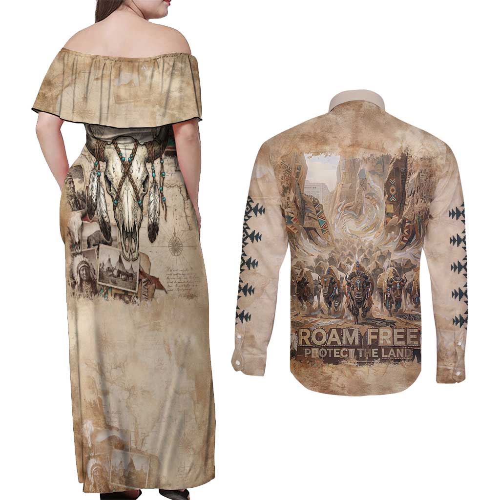 Buffalo Skull Couples Matching Off Shoulder Maxi Dress and Long Sleeve Button Shirt Feathers Tribal Map and Historical Indigenous Native American Heritage Bison - Wonder Print Shop