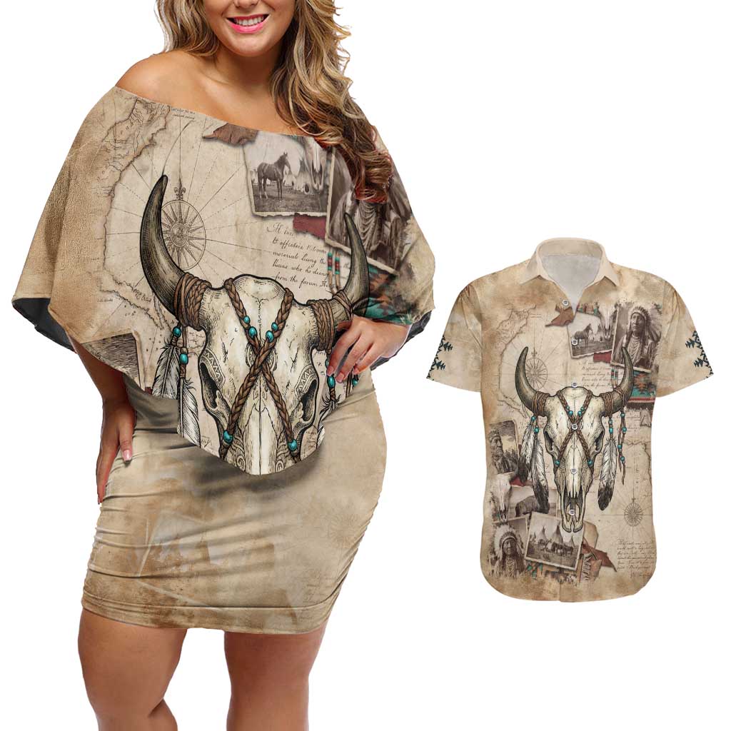 Buffalo Skull Couples Matching Off Shoulder Short Dress and Hawaiian Shirt Feathers Tribal Map and Historical Indigenous Native American Heritage Bison - Wonder Print Shop