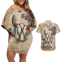 Buffalo Skull Couples Matching Off Shoulder Short Dress and Hawaiian Shirt Feathers Tribal Map and Historical Indigenous Native American Heritage Bison - Wonder Print Shop