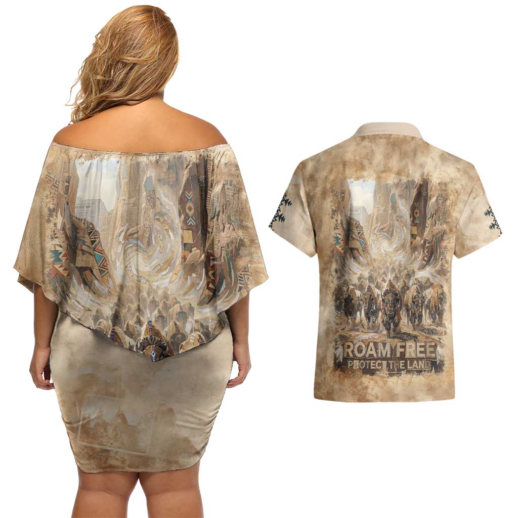 Buffalo Skull Couples Matching Off Shoulder Short Dress and Hawaiian Shirt Feathers Tribal Map and Historical Indigenous Native American Heritage Bison - Wonder Print Shop