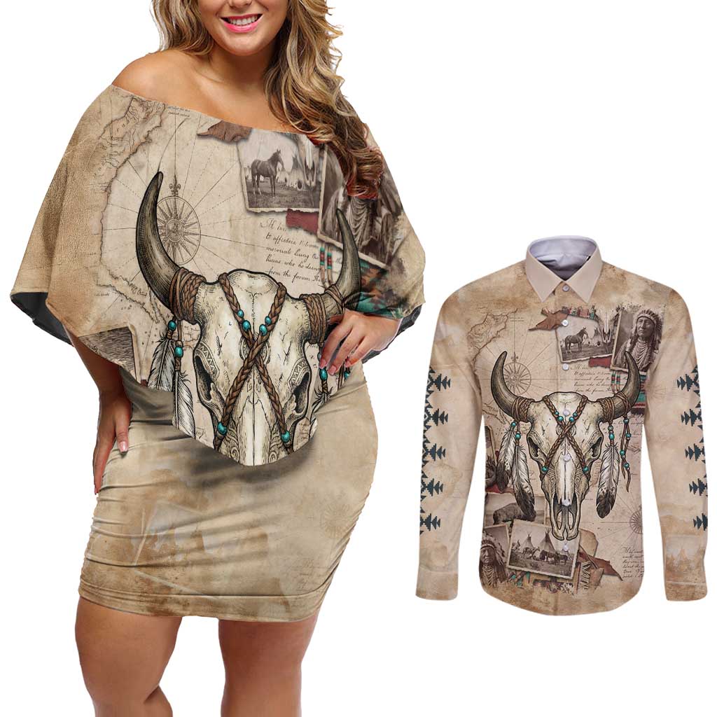 Buffalo Skull Couples Matching Off Shoulder Short Dress and Long Sleeve Button Shirt Feathers Tribal Map and Historical Indigenous Native American Heritage Bison - Wonder Print Shop