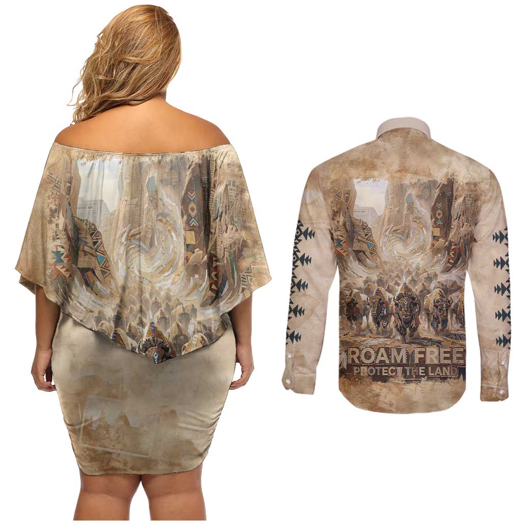 Buffalo Skull Couples Matching Off Shoulder Short Dress and Long Sleeve Button Shirt Feathers Tribal Map and Historical Indigenous Native American Heritage Bison - Wonder Print Shop