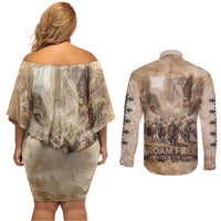 Buffalo Skull Couples Matching Off Shoulder Short Dress and Long Sleeve Button Shirt Feathers Tribal Map and Historical Indigenous Native American Heritage Bison - Wonder Print Shop