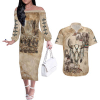 Buffalo Skull Couples Matching Off The Shoulder Long Sleeve Dress and Hawaiian Shirt Feathers Tribal Map and Historical Indigenous Native American Heritage Bison - Wonder Print Shop