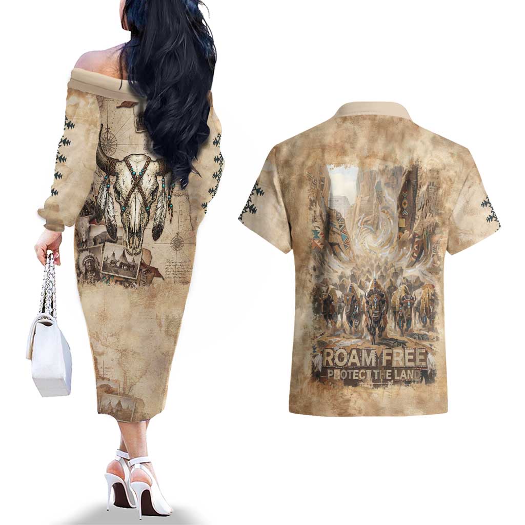 Buffalo Skull Couples Matching Off The Shoulder Long Sleeve Dress and Hawaiian Shirt Feathers Tribal Map and Historical Indigenous Native American Heritage Bison - Wonder Print Shop
