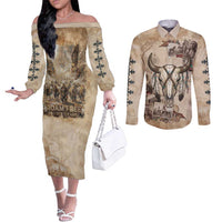 Buffalo Skull Couples Matching Off The Shoulder Long Sleeve Dress and Long Sleeve Button Shirt Feathers Tribal Map and Historical Indigenous Native American Heritage Bison - Wonder Print Shop