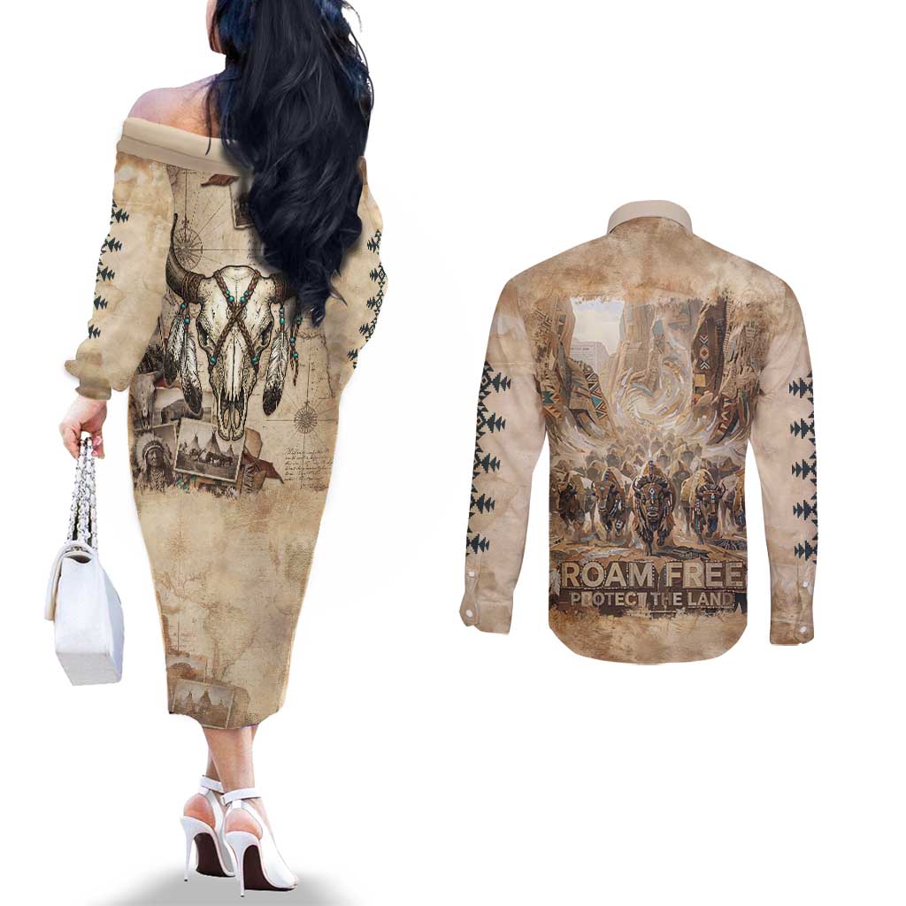 Buffalo Skull Couples Matching Off The Shoulder Long Sleeve Dress and Long Sleeve Button Shirt Feathers Tribal Map and Historical Indigenous Native American Heritage Bison - Wonder Print Shop