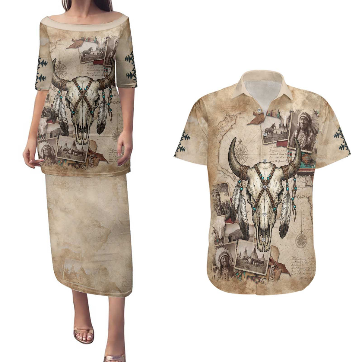 Buffalo Skull Couples Matching Puletasi and Hawaiian Shirt Feathers Tribal Map and Historical Indigenous Native American Heritage Bison - Wonder Print Shop
