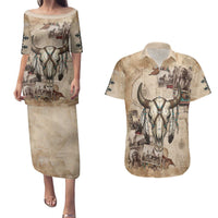 Buffalo Skull Couples Matching Puletasi and Hawaiian Shirt Feathers Tribal Map and Historical Indigenous Native American Heritage Bison - Wonder Print Shop