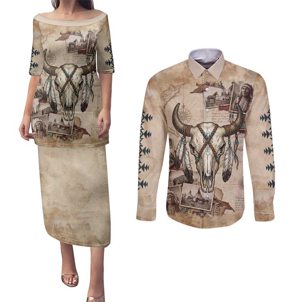 Buffalo Skull Couples Matching Puletasi and Long Sleeve Button Shirt Feathers Tribal Map and Historical Indigenous Native American Heritage Bison - Wonder Print Shop