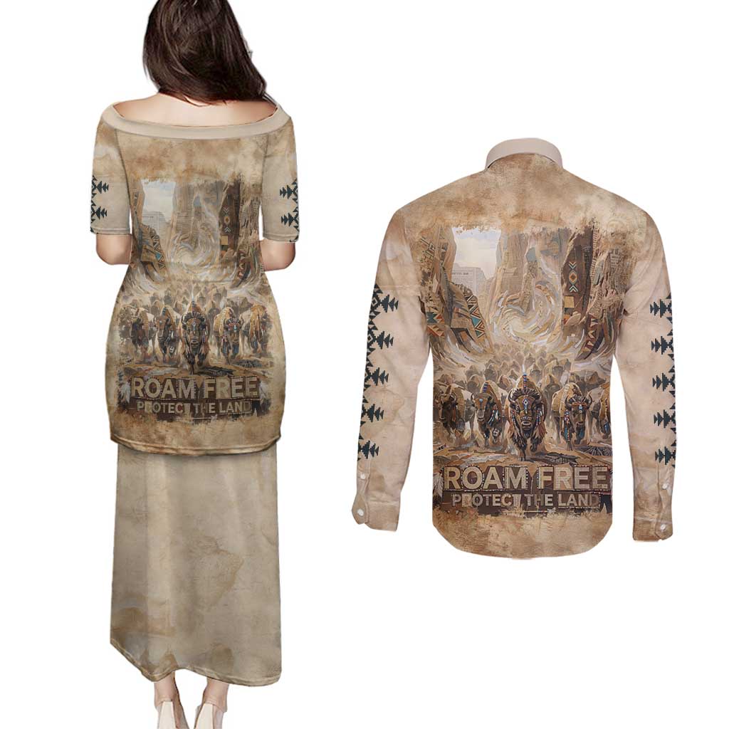 Buffalo Skull Couples Matching Puletasi and Long Sleeve Button Shirt Feathers Tribal Map and Historical Indigenous Native American Heritage Bison - Wonder Print Shop