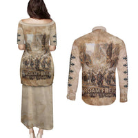 Buffalo Skull Couples Matching Puletasi and Long Sleeve Button Shirt Feathers Tribal Map and Historical Indigenous Native American Heritage Bison - Wonder Print Shop