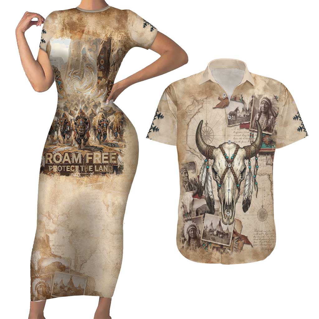 Buffalo Skull Couples Matching Short Sleeve Bodycon Dress and Hawaiian Shirt Feathers Tribal Map and Historical Indigenous Native American Heritage Bison - Wonder Print Shop