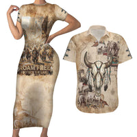 Buffalo Skull Couples Matching Short Sleeve Bodycon Dress and Hawaiian Shirt Feathers Tribal Map and Historical Indigenous Native American Heritage Bison - Wonder Print Shop