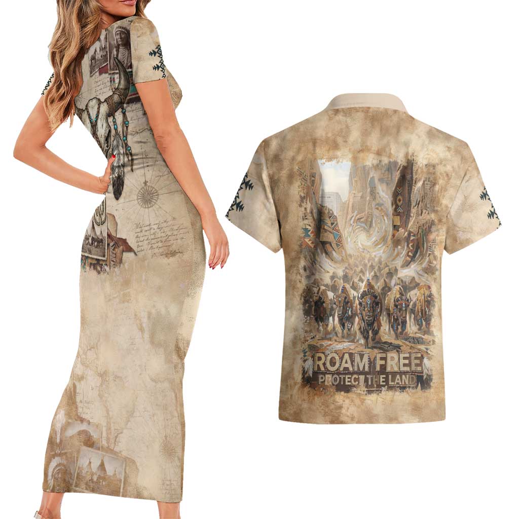 Buffalo Skull Couples Matching Short Sleeve Bodycon Dress and Hawaiian Shirt Feathers Tribal Map and Historical Indigenous Native American Heritage Bison - Wonder Print Shop